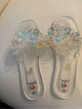 NWOT Palms Clear Jelly Slide Sandals with Colorful Beaded Embellishments.